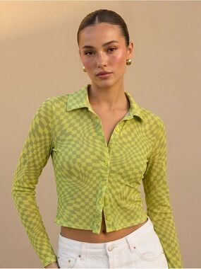 Garage Lime Checkerboard Button-Front Crop Top